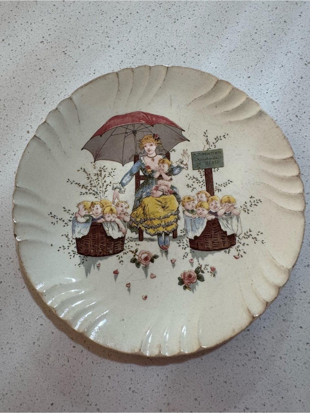 Rare French Sarreguemines Mme Printemps Marchande De Bebes Plate~signed 1875